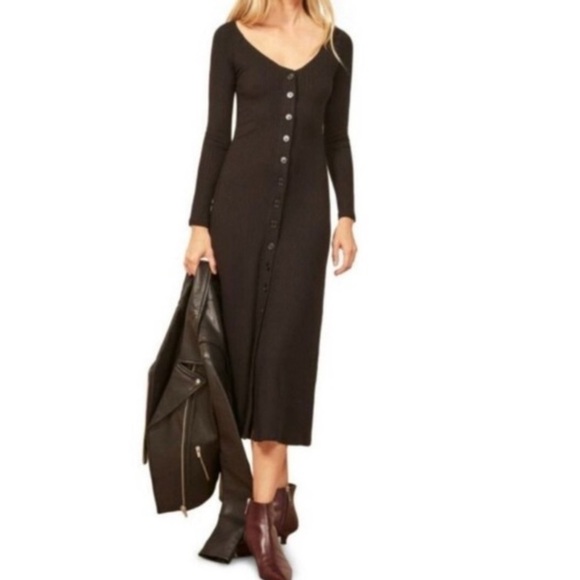 Reformation Black Ella Ribbed Midi-length Dress, size Small - Picture 2 of 3